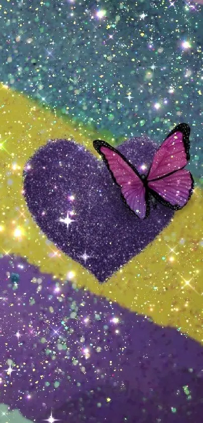 Colorful wallpaper with glitter heart and butterfly.