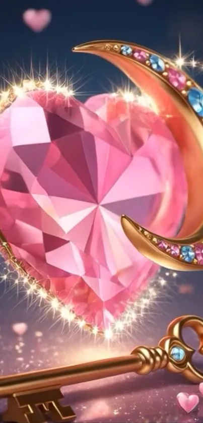 Sparkling pink heart with jeweled crescent and golden key wallpaper.