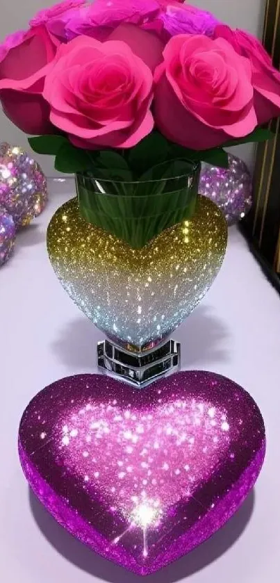 Mobile wallpaper of a sparkling heart vase with pink roses.