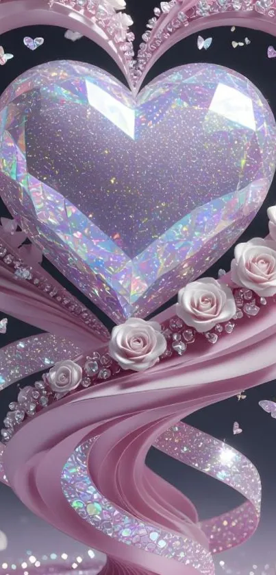 Shimmering heart with pink roses and butterflies wallpaper.