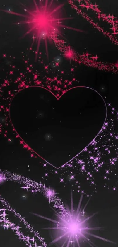Colorful heart with pink and purple starry trails on a dark background.
