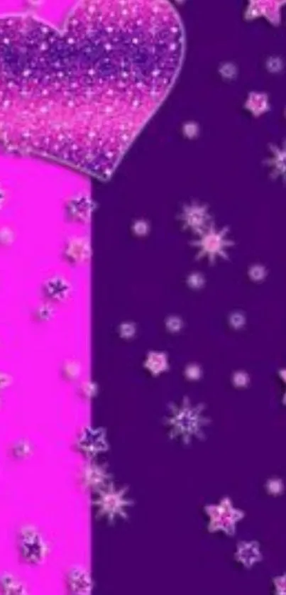 Purple and pink wallpaper with sparkling heart and stars.