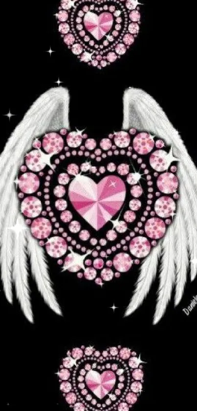 A sparkling heart with wings on a black background.