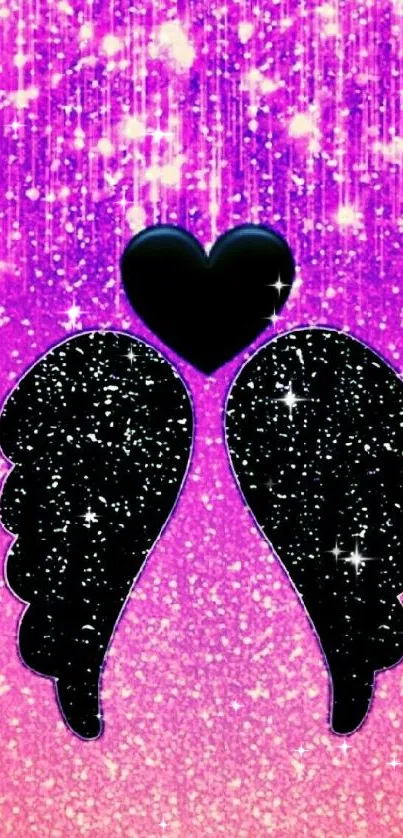 Sparkling black heart and wings on a pink-purple glittery background.