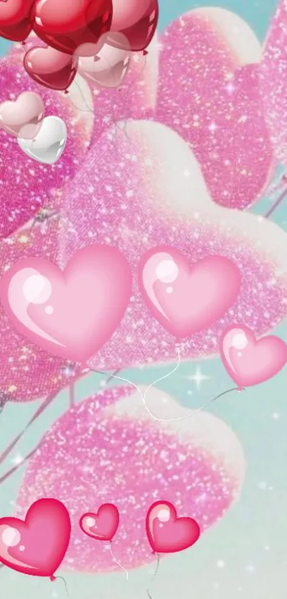 Pink heart balloons sparkling in the sky wallpaper.