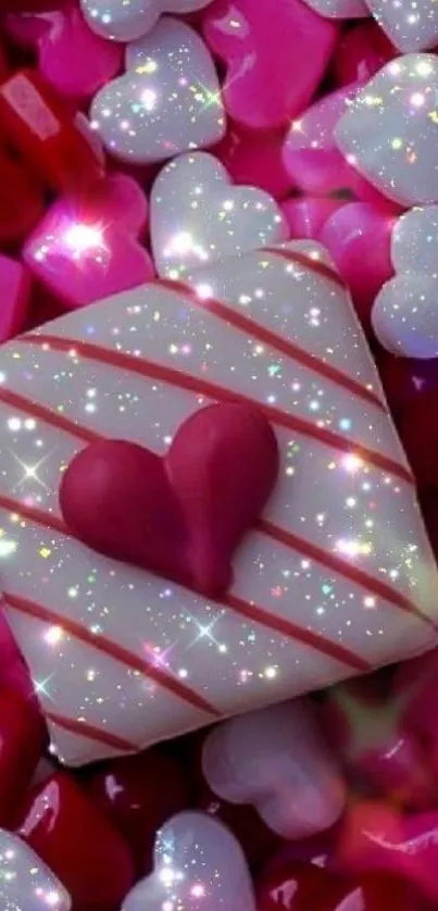 Sparkling heart-shaped candy wallpaper with glossy pink and red hearts.