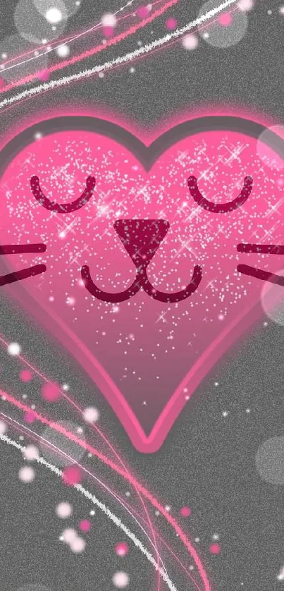 Cute pink heart-shaped cat wallpaper with sparkles.