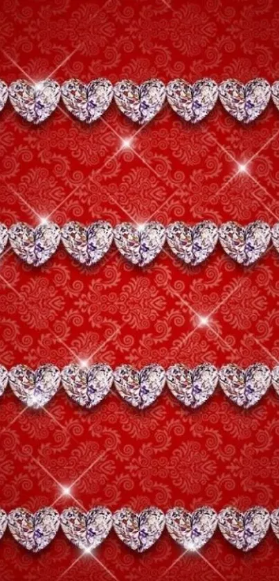 Red wallpaper with sparkling heart jewels.