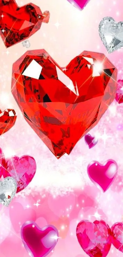 Mobile wallpaper with sparkling pink and red heart-shaped gems.