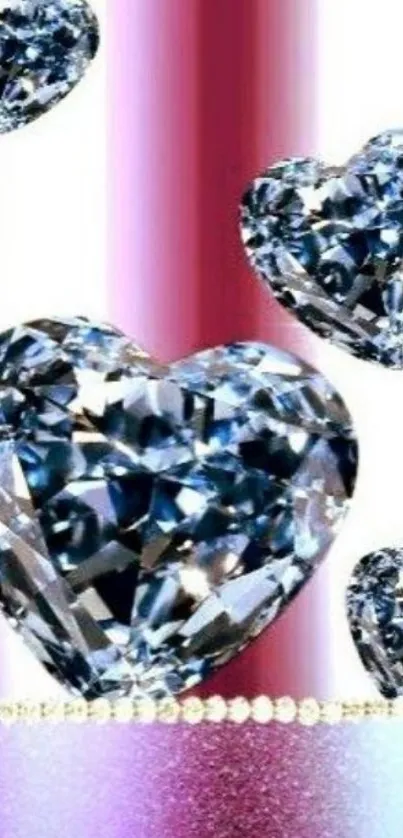 Sparkling heart-shaped diamond gems on a shimmering purple background.