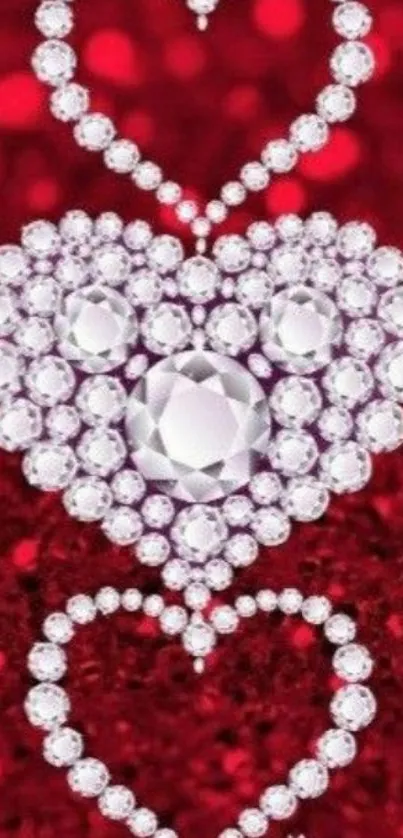 Glittering diamond hearts on a red sparkling background wallpaper.