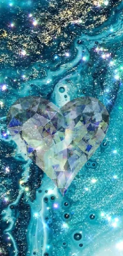 Sparkling heart against a teal cosmic galaxy background with shimmering stars.