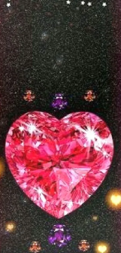 Heart-shaped pink gem with glittering starry background.