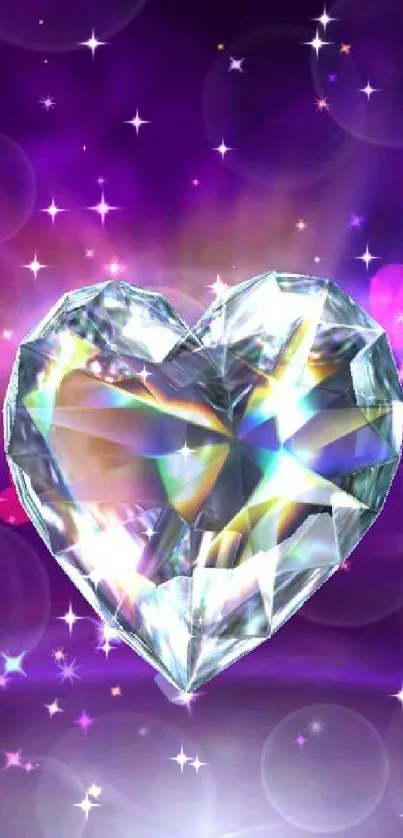 Sparkling heart-shaped gem on purple background.
