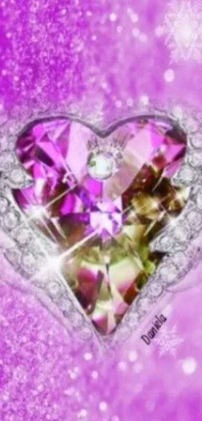 Vivid purple heart gemstone with sparkling effect on wallpaper