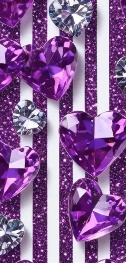 Purple heart-shaped gems with glitter stripes wallpaper.