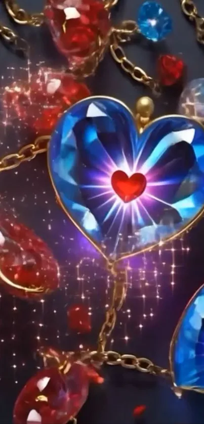 Heart-shaped blue gemstone with red accents on chain.