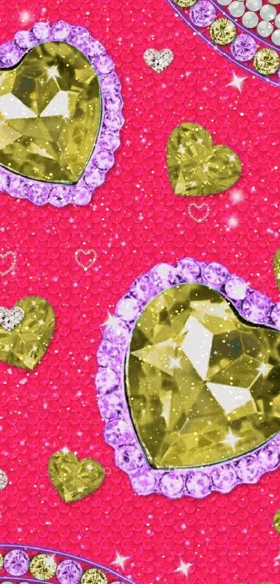 Sparkling heart gemstone wallpaper in vibrant pink.