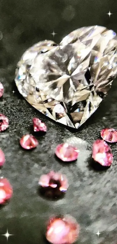 Heart-shaped diamond with pink gemstones on black background.