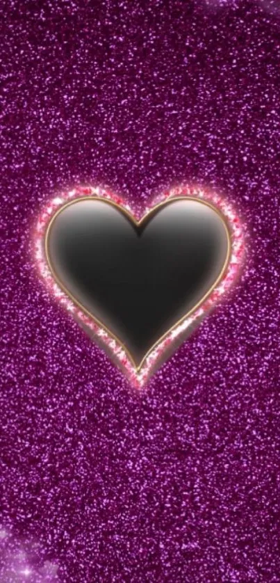 Black heart with purple glitter background.