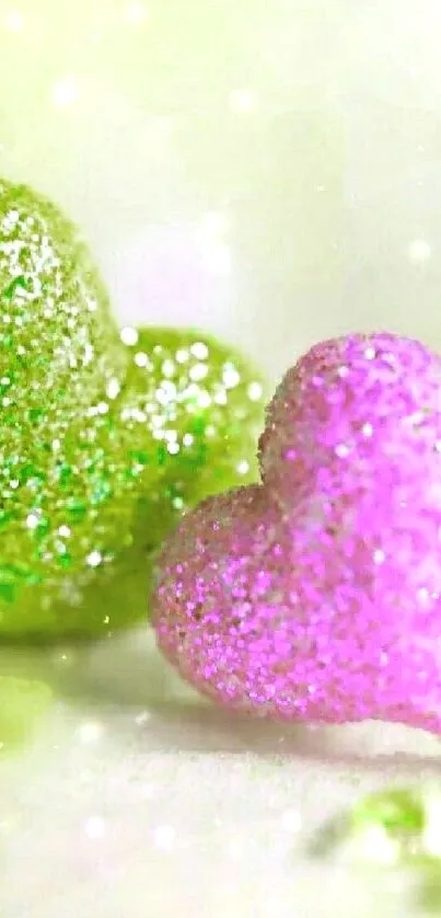 Sparkling green and pink heart glitter wallpaper.