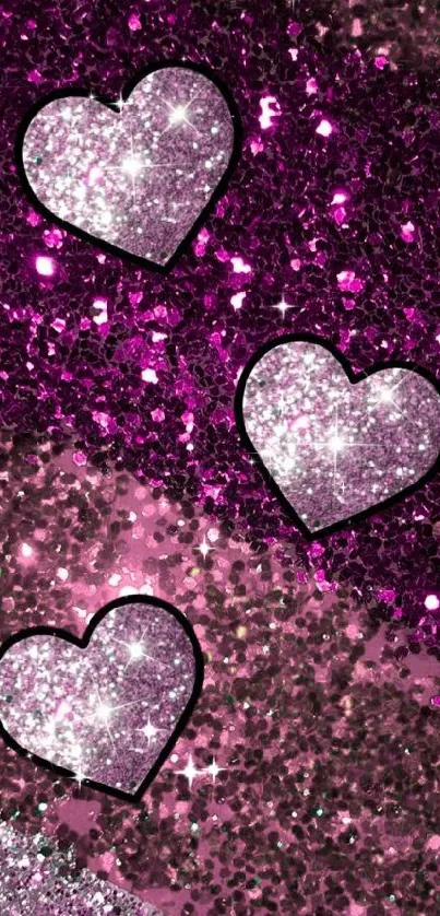 Sparkling pink glitter hearts on vibrant magenta.