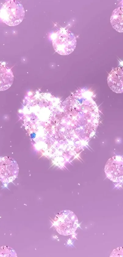 Mobile wallpaper with a sparkling heart on a purple background with diamond effects.