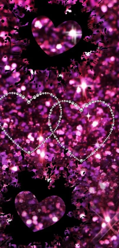 Sparkling magenta heart glitter wallpaper background.