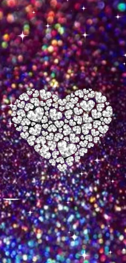 A vibrant purple glitter wallpaper with a sparkling diamond heart design.