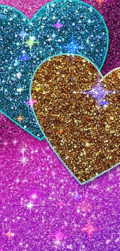 Glittery hearts on a pink and purple background with sparkling details.