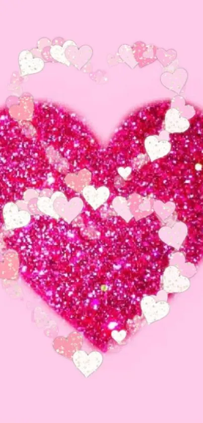 Sparkling pink glitter heart with soft hearts on a mobile wallpaper.