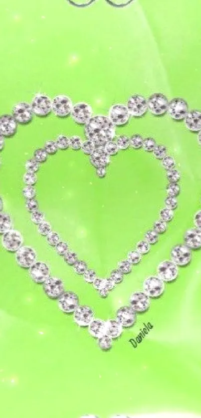 Lime green wallpaper with diamond heart design.