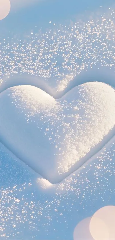 Heart shape in snow with sparkling light reflections.