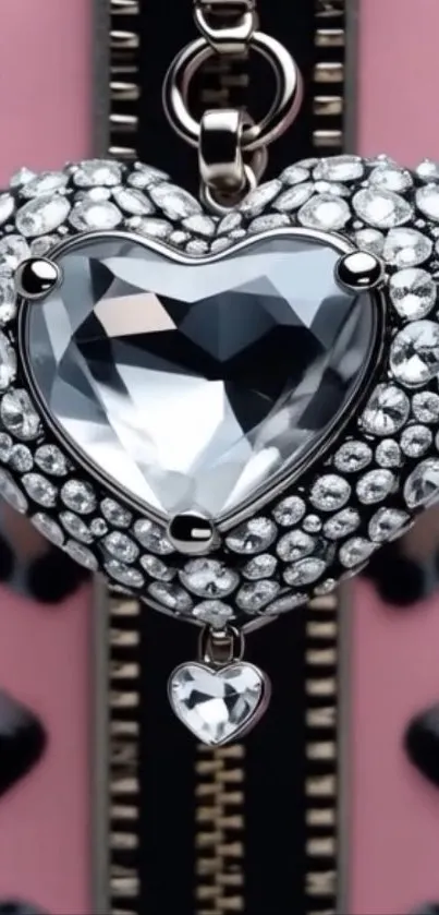 Heart-shaped jewel with sparkling gems on pink background.
