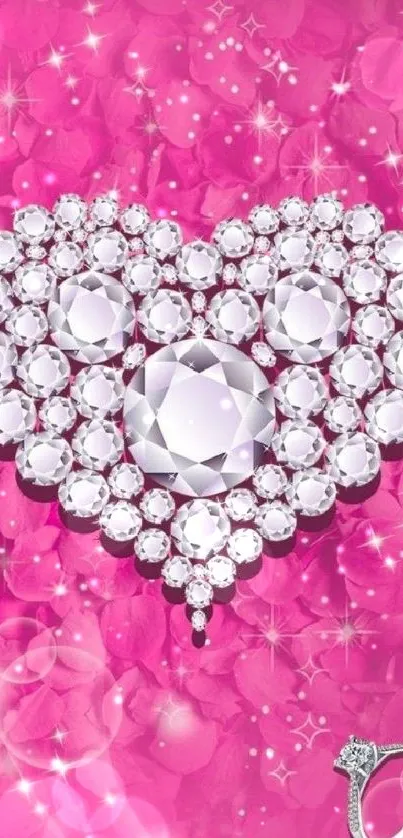 Heart-shaped jewel design on pink background with diamond ring.