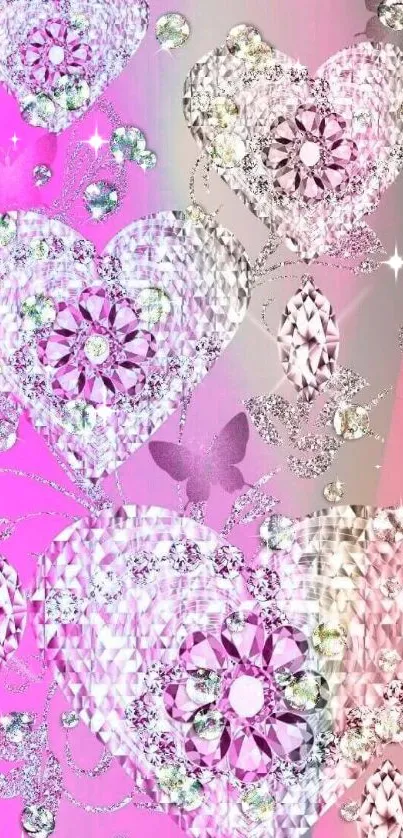 Vibrant pink jewel and heart wallpaper with crystals and butterflies.