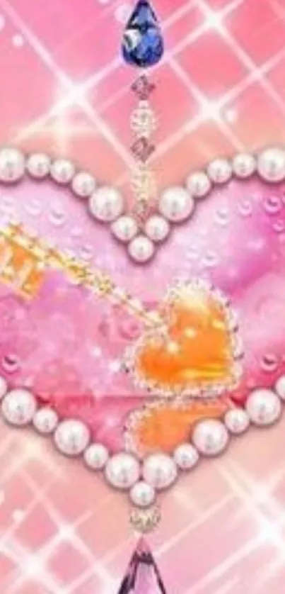 Sparkling heart key with pink jewels and pearls.