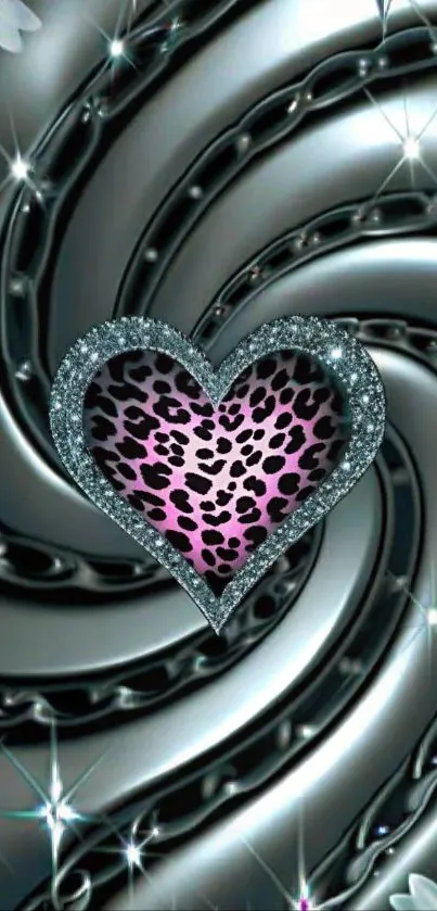 Sparkling leopard heart on metallic swirl wallpaper.