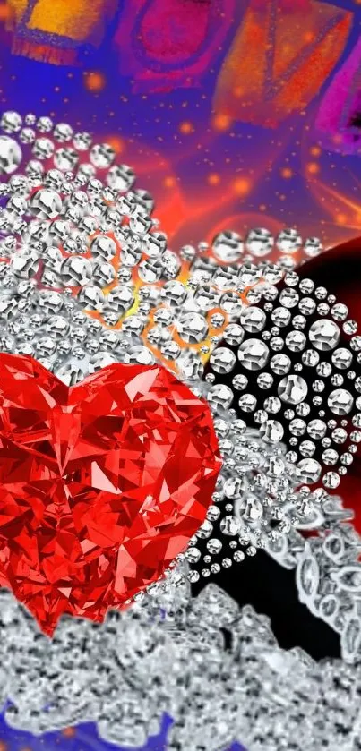 Vibrant blue background with sparkling red heart and diamonds.