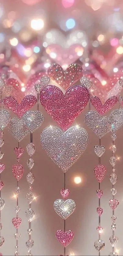 Mobile wallpaper with sparkling pink and silver hearts.