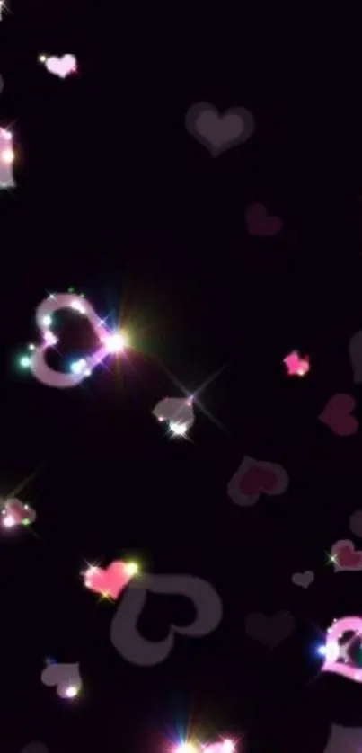 Mobile wallpaper with sparkling pink hearts on a dark background.