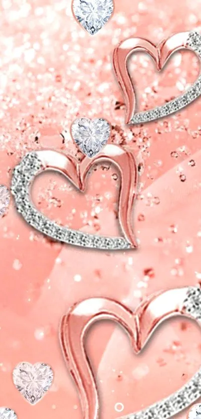 Peach background with sparkling diamond hearts.