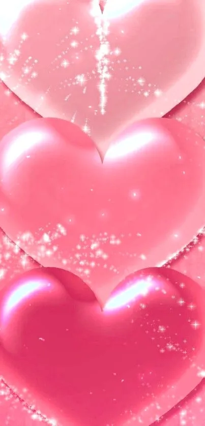 Three sparkling pink hearts mobile wallpaper.