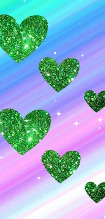 Glittery green hearts on a colorful gradient mobile wallpaper.