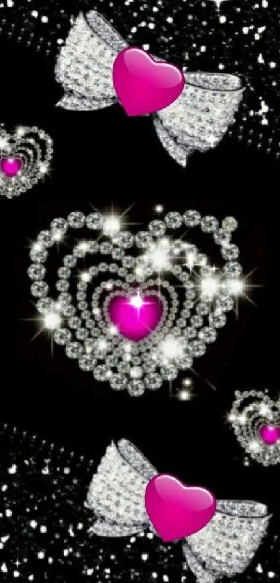 Elegant wallpaper with glittering diamond hearts and pink accents on black background.