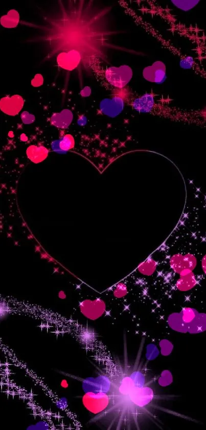 Sparkling heart with pink and purple starry design on black background.