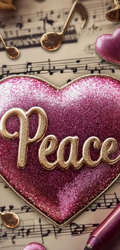 Pink glitter heart with 'Peace' on musical notes background.