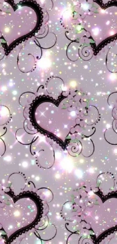 Mobile wallpaper with pink hearts and sparkling effects on a lavender background.