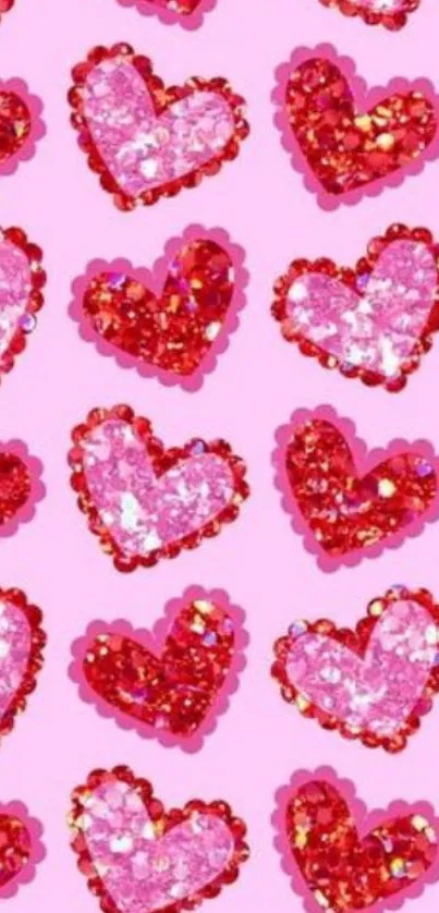 Sparkling pink and red heart pattern wallpaper.