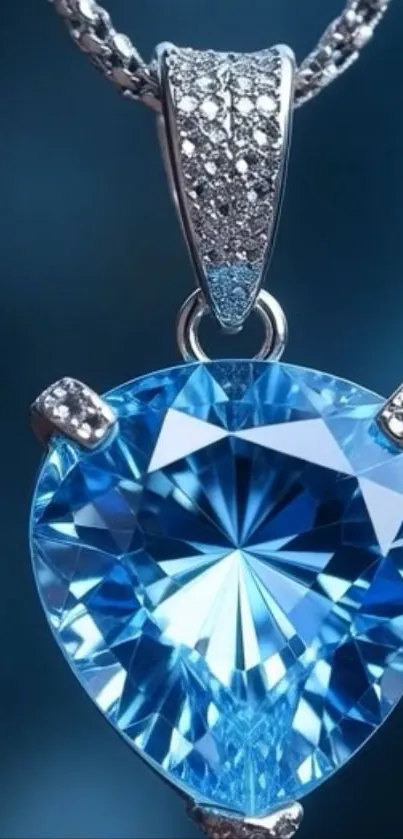 Sparkling blue heart-shaped gemstone pendant on chain.
